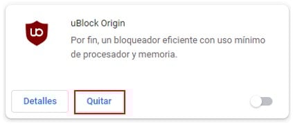 Visualización de la opción para eliminar la extensión de Chrome