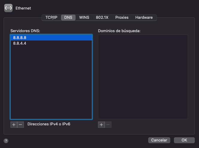 Sección de DNS en MacOS