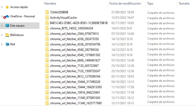 Visualización de la carpeta para borrar todos los archivos temporales