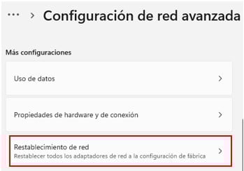 Visualización de la opción de restablecimiento de red dentro de Red e Internet