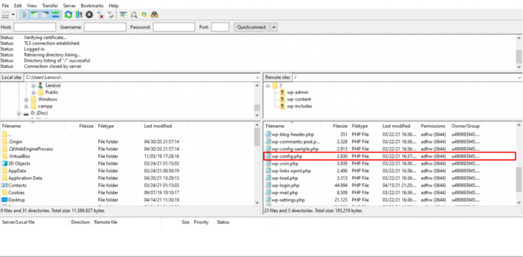Archivo wp-config.php en FilaZilla