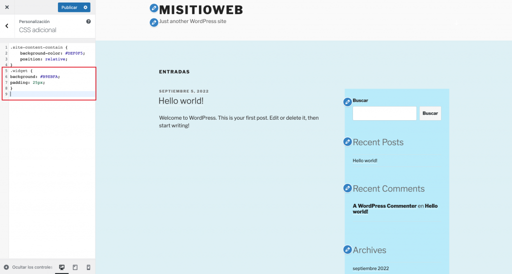 Editar el color de la barra lateral del tema secundario de WordPress.