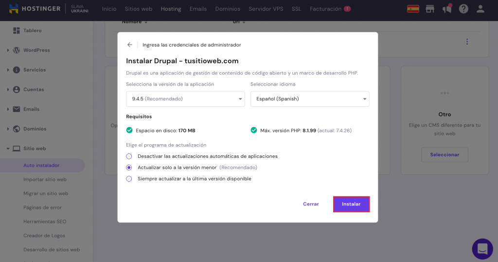 La ventana de instalación de Drupal en hPanel