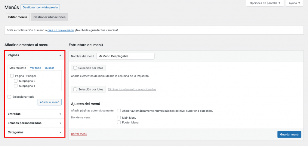 Sección de páginas permite a los usuarios añadir elementos de menú a la estructura de menús