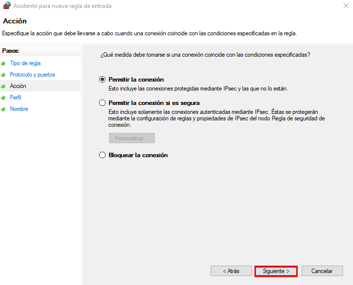 Pestaña Acción en el Asistente para nueva regla de entrada