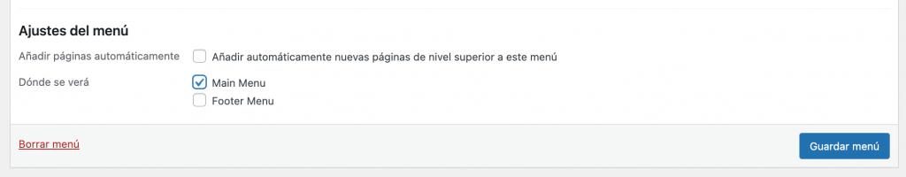 Sección de configuración del menú permite a los usuarios establecer la ubicación del menú