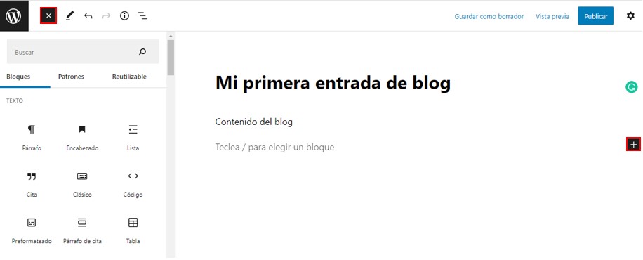 Opciones para añadir un medio en el editor de bloques
