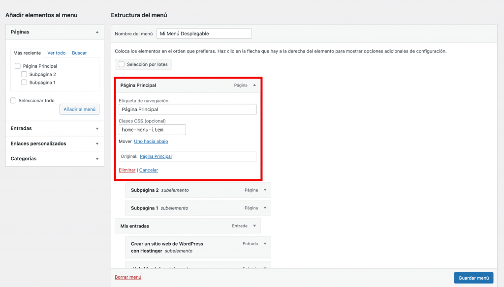 Cuadro de clases css aparecerá una vez que hayas habilitado la funcionalidad a través de las opciones de pantalla