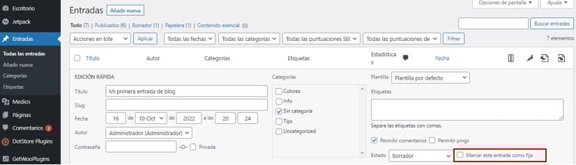 Otra opción para fijar la entrada en el blog