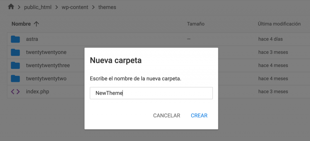 Gestor de archivos Hostinger. Se muestra la creación de una nueva carpeta de temas