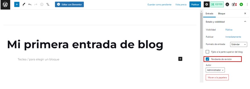 Opción para marcar la entrada como pendiente de revisión