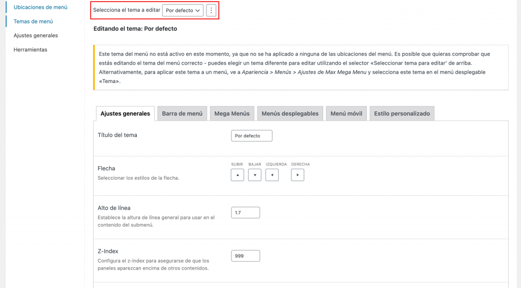 cómo localizar la opción de seleccionar el tema a editar en la sección del mega menú