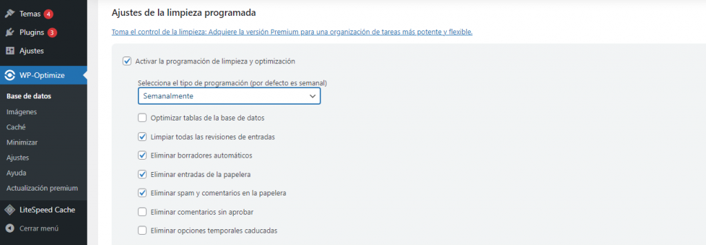 Sección Ajustes de la limpieza programada en WP Optmize