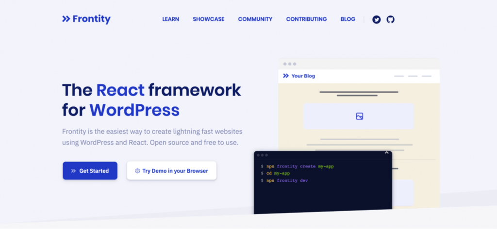Página de inicio de Frontity - El framework React para WordPress