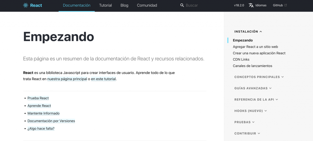 Página de React Empezando, con su documentación y tutoriales relacionados