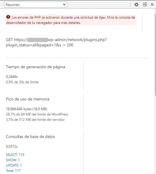Sección Resumen en el plugin Query Monitor