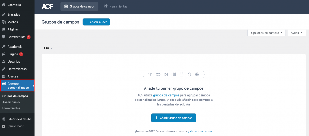 Campos personalizados en el escritorio de WordPress
