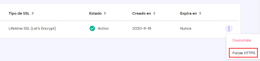 Forzar HTTPS de un dominio en el hPanel