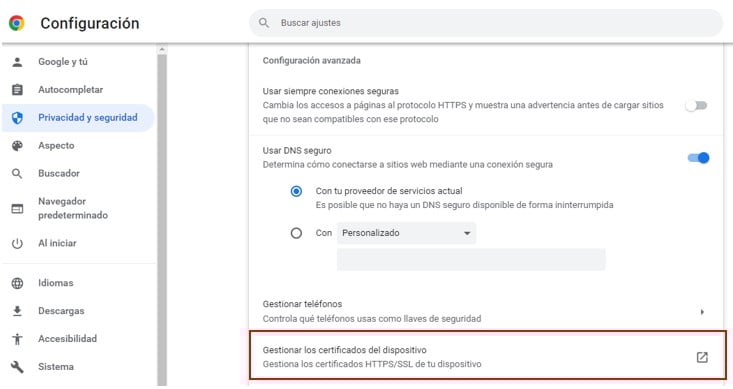 Visualización de la opción de gestionar los certificados del dispositivo
