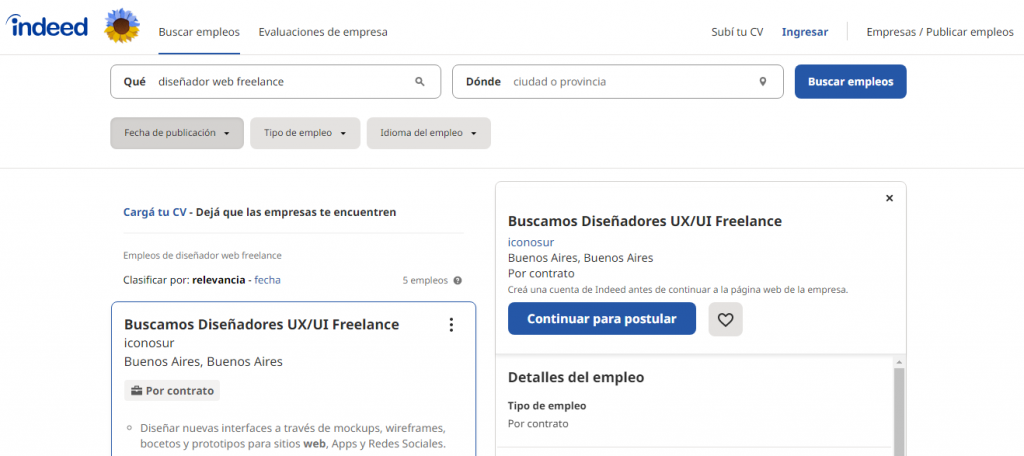 Página de resultados de Indeed