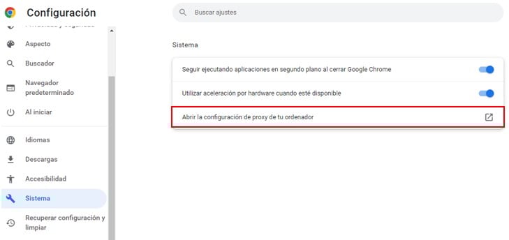 Visualización de la opción de sistema en el menú de configuración de Google Chrome