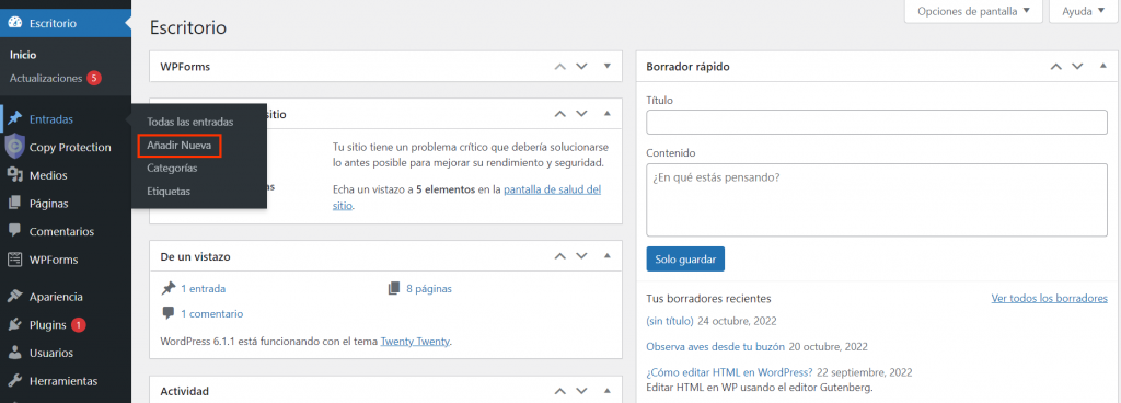 Visualización del menú de WordPress para añadir una nueva entrada