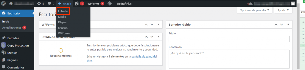 Visualización del menú de la barra superior de WordPress para añadir una nueva entrada