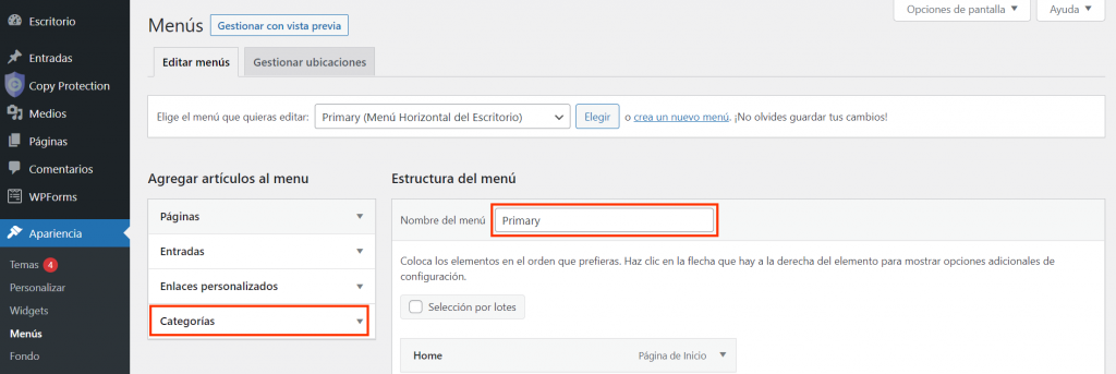 Opción para añadir categorías en la sección de menús