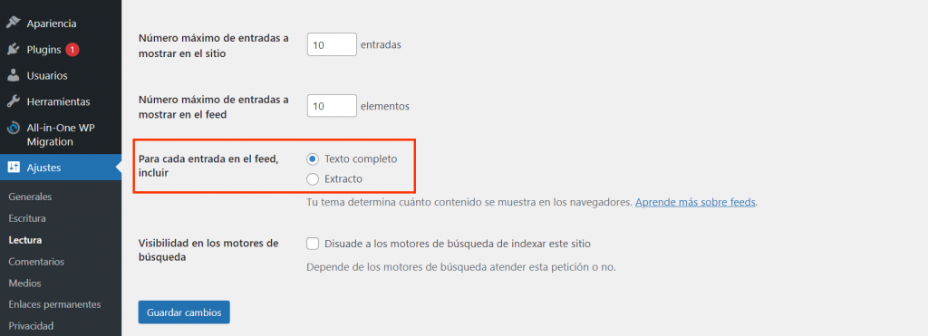 Opción para mostrar los extractos en el blog