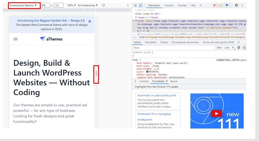 Visualización de la función de inspeccionar un sitio web