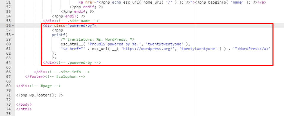 Código del footer de un página en el Administrador de archivos hPanel