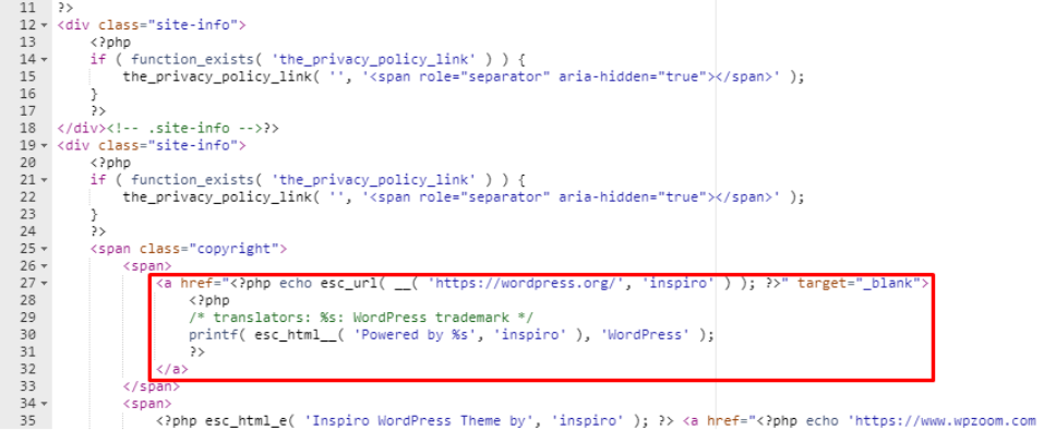 Código del footer de un página en el Administrador de archivos hPanel