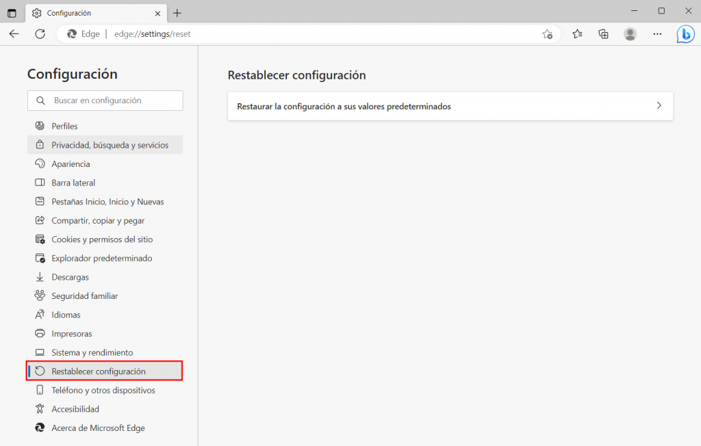 Visualización de la ventana para restablecer la configuración