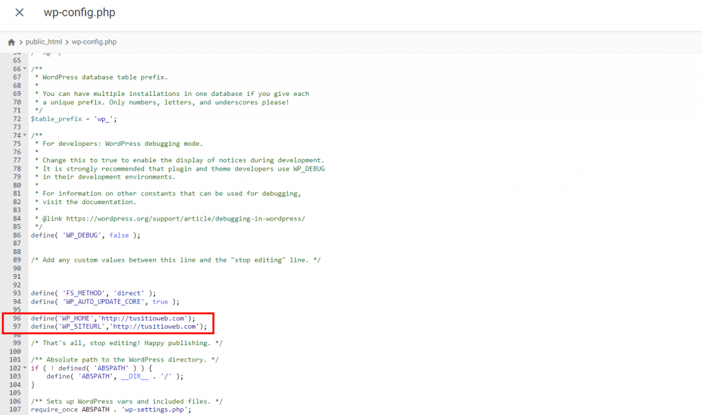 Carpeta wp-config.php en el Administrador de archivos de Hostinger