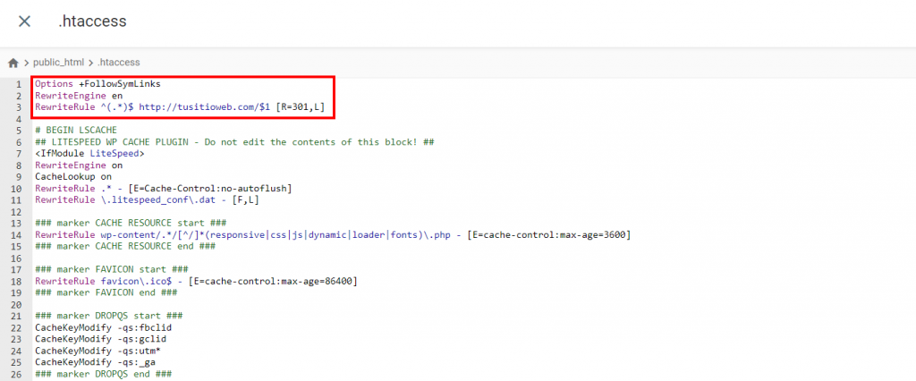 Edición del archivo .htaccess para hacer una redirección 301