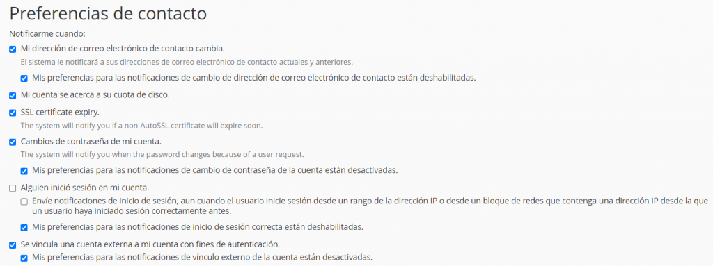 Preferencias de contacto de cPanel