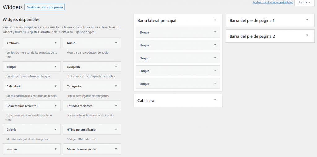 Visualización de la sección de Widgets en WordPress