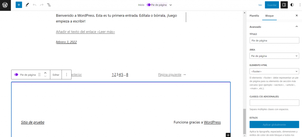Visualización del área de footer en el editor de WordPress.