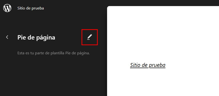 Botón para editar pie de página en el editor de WordPress.