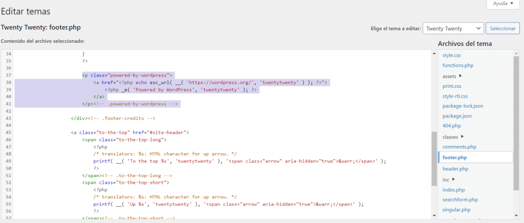 Editar el tema para eliminar "Funciona gracias a WordPress" del footer.