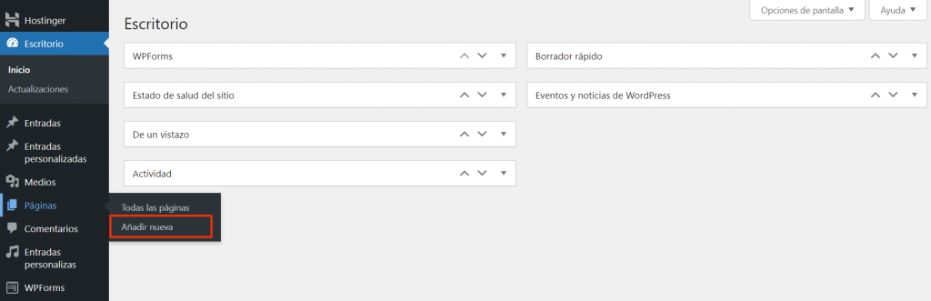 Opción Añadir nueva página en página de entradas de WordPress