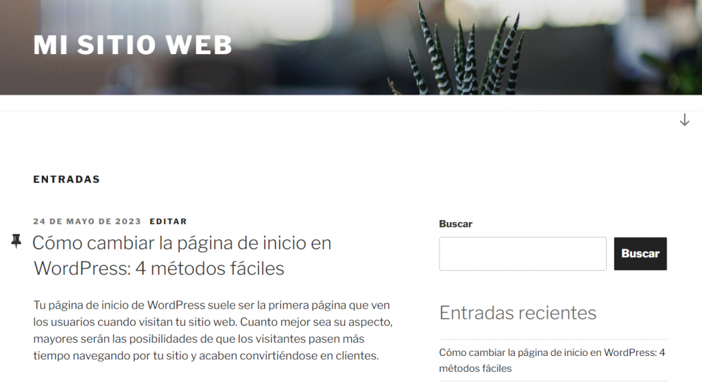 Ejemplo de página de inicio de WordPress