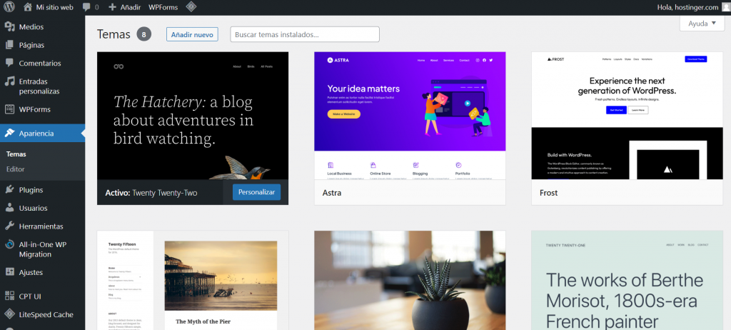 Sección de Temas de WordPress