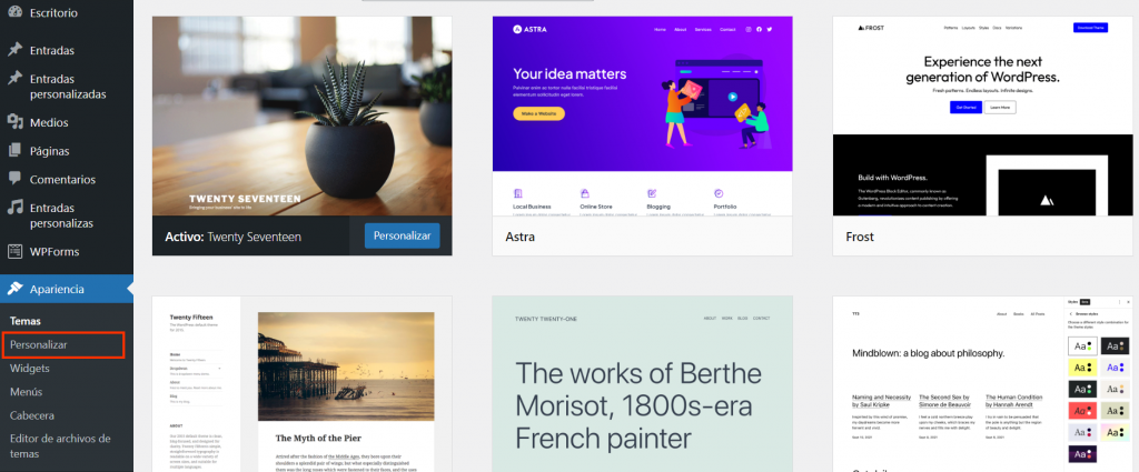 Opción Personalizar de la sección Temas de WordPress
