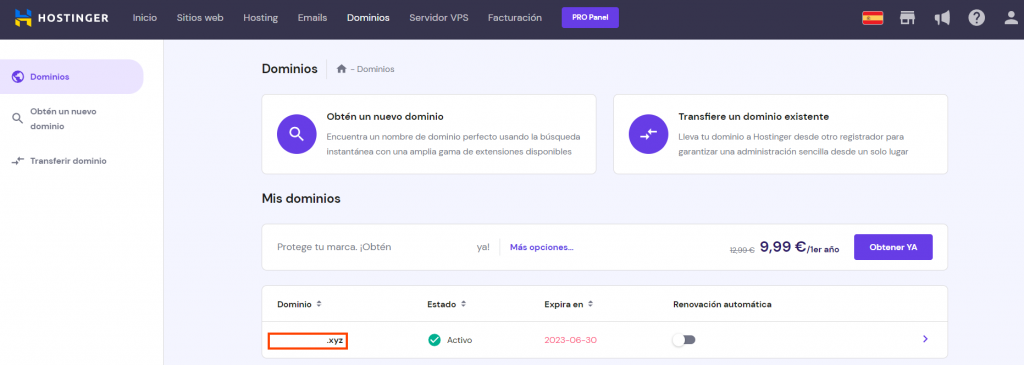 Sección Dominios de hPanel