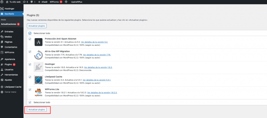 Botón de actualizar plugins de WordPress