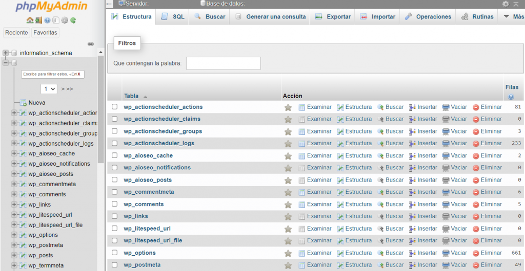 Vista previa de la base de datos en phpMyAdmin.