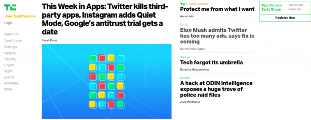 Sitio web de noticias Tech Crunch