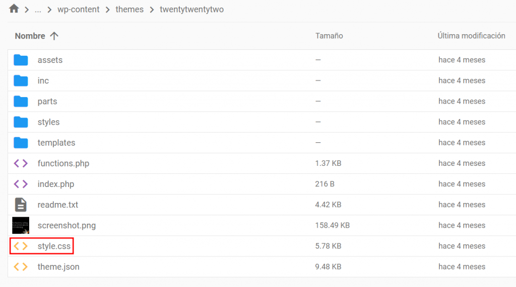 Visualización del archivo style.css en el administrador de archivos.