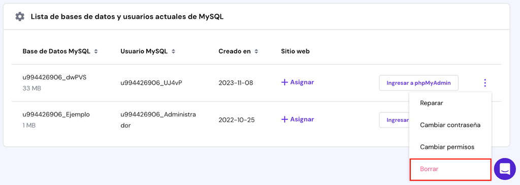 Opción Borrar Base de Daos MySQL de hPanel